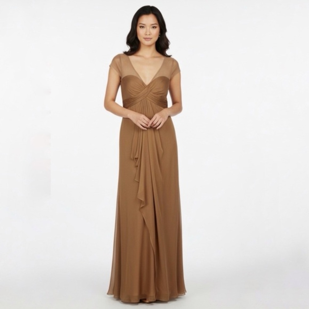 Badgley Mischka Sheer Cap Sleeve Overlay Gathered Front Maxi Dress Gown